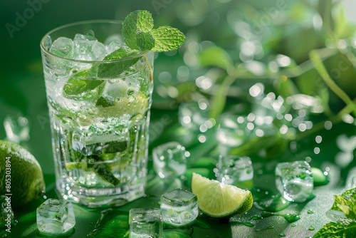 Sparkling mojito cocktail with ice  fresh lime  and mint leaves  glistening with droplets on a vivid green backdrop  evokes a refreshing summertime vibe with a hint of tropical flavor