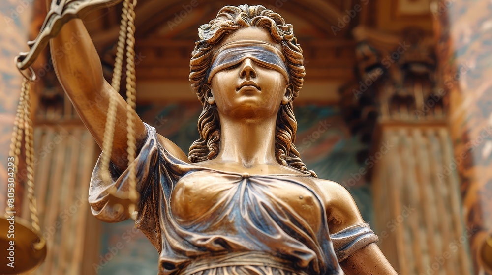 Obraz premium A close-up of Lady Justice, blindfolded and bearing the scales of justice, represents the impartiality and elegance of the legal system