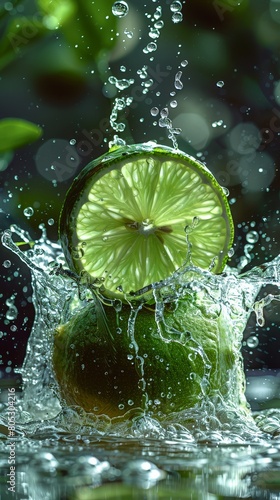 This close-up captures the dynamic squeeze of a lime, highlighting the fresh splash and zestful energy
