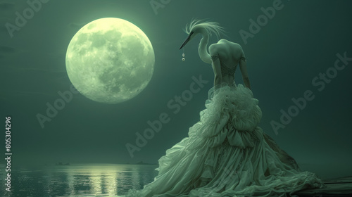 Elegant egret in a satin gown, accessorized with pearl earrings,