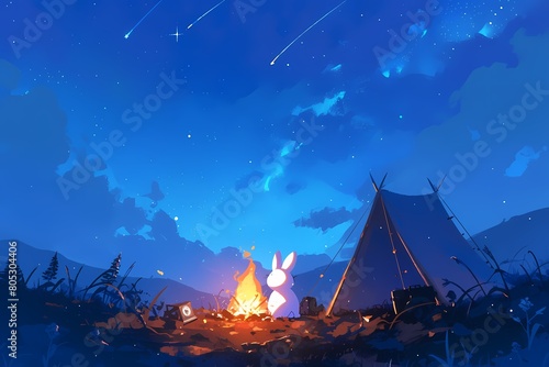 cartoon rabbit lighting a campfire at night