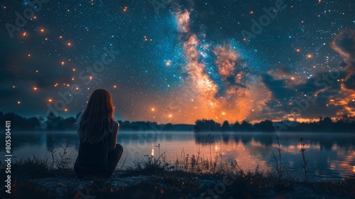 A dreamy composite image of a woman stargazing beside a lake with a galaxy in the night sky photo