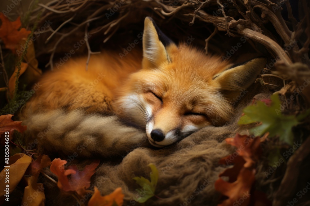Fototapeta premium Majestic Sleeping wild fox. Canine carnivore. Generate Ai