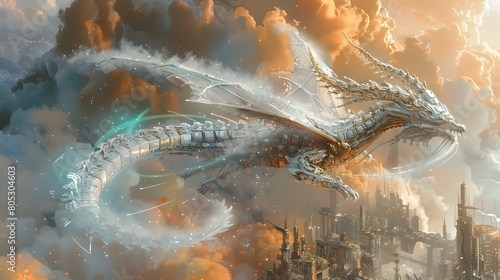 Majestic Mechanical Dragon Soaring Through a Futuristic Cityscape