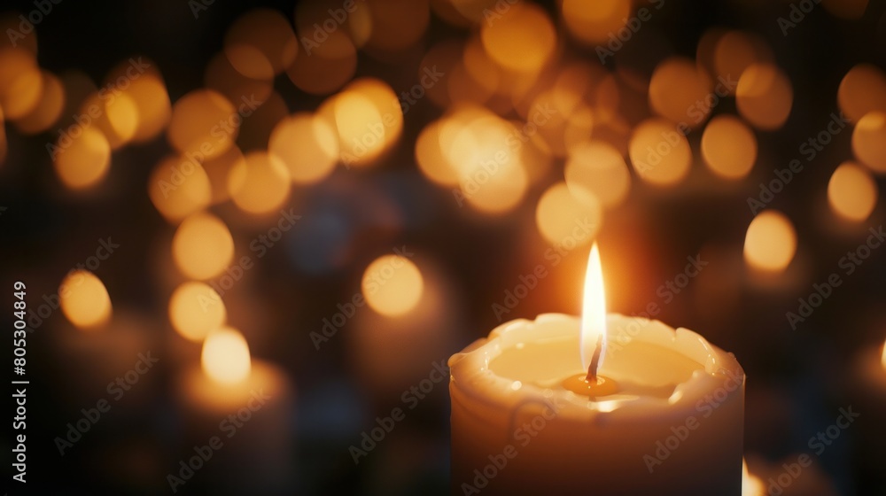 Candles burning at night. White Candles Burning in the Dark with focus on single candle in foreground Candles burning at night. White Candles Burning in the Dark with focus on single candle in foreground