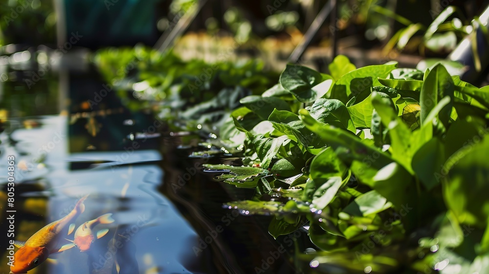 Aquaponics system with fish and plants, close-up, clear water, natural light, sharp focus Aquaponics system with fish and plants, close-up, clear water, natural light, sharp focus