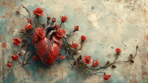 An artistic interpretation featuring a human heart entwined with thorny roses, representing the beauty and pain of love photo