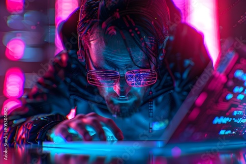 Hacker Immersed in Futuristic Workspace with Glowing Displays and Digital Distortions