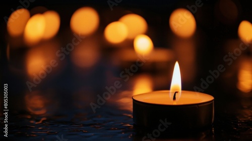 Candles burning at night. White Candles Burning in the Dark with focus on single candle in foreground 