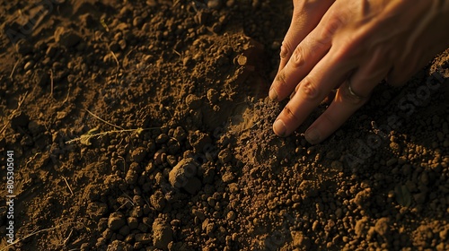 Biodynamic farm soil, close-up, hands testing texture, golden hour light, detailed earth tones photo