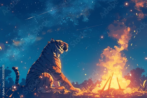 cartoon tiger lighting a campfire at night