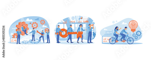 Business people working together in company. Successful teamwork. Work together to achieve goals. Team work concept. Set flat vector illustration.
