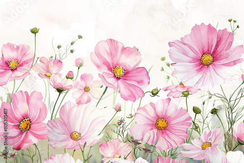 Watercolor cosmos clipart with delicate pink and white flowers 