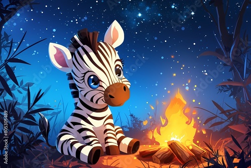 cartoon zebra sitting in front of a campfire