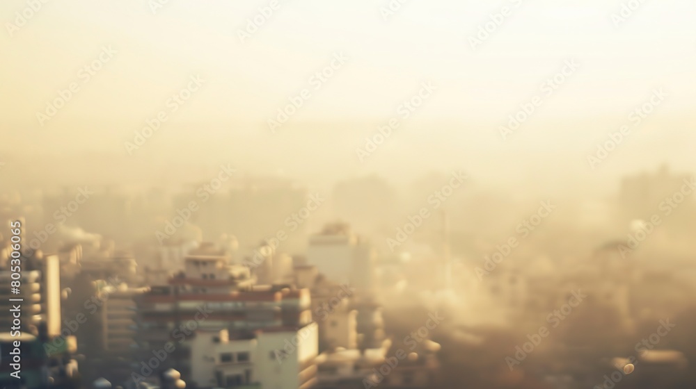 Smog over cityscape, close-up from high viewpoint, blurry background, early morning light 