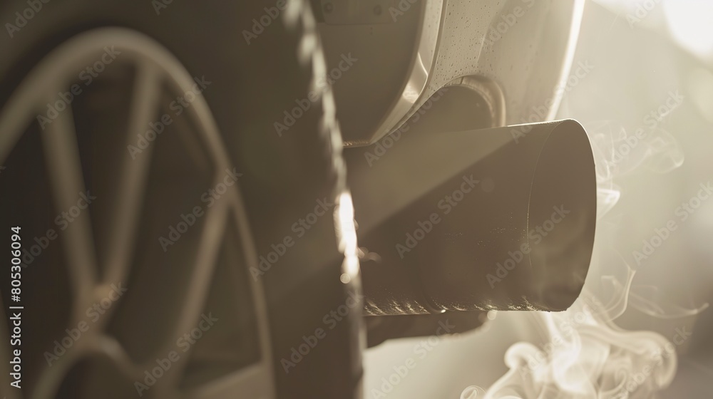 Vehicle emission test, close-up on exhaust pipe, garage setting, smoke detail, sharp focus Vehicle emission test, close-up on exhaust pipe, garage setting, smoke detail, sharp focus
