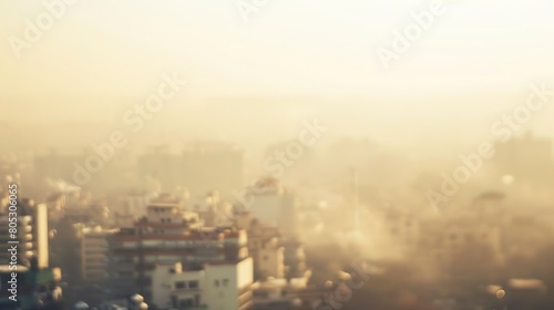 Smog over cityscape  close-up from high viewpoint  blurry background  early morning light 