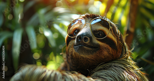 A sloth with sunglasses against a lush rainforest setting. Generative AI.