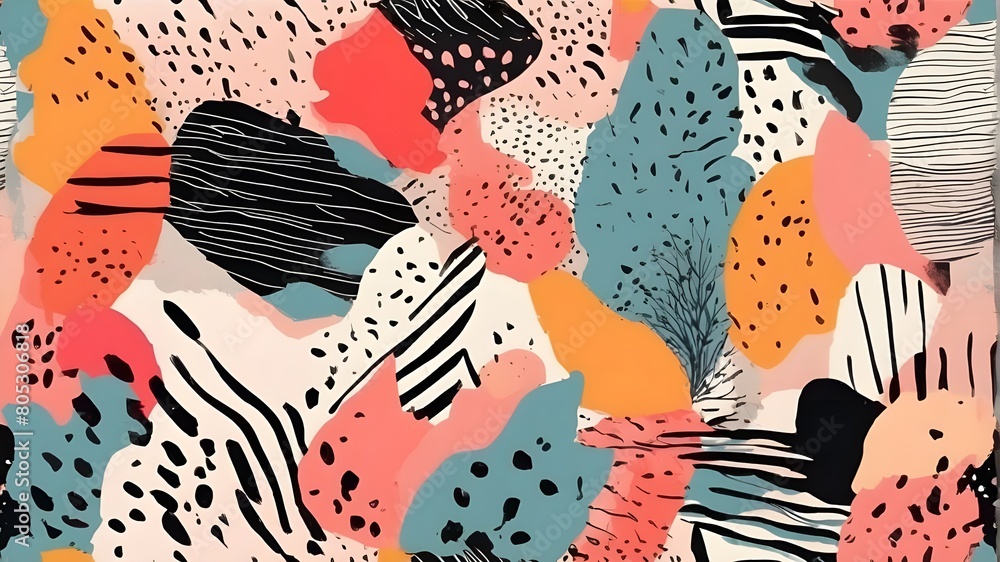 a painting of black and white lines and a black and pink background