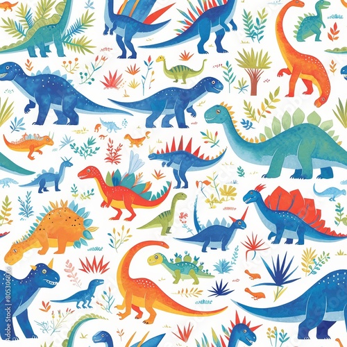A pattern of dinosaurs in the jungle  illustrated in bright watercolor with vibrant colors and textured details. 