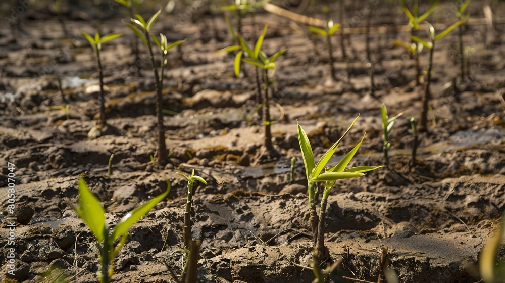 Seedlings planted in deforested area, close-up, hope for reforestation, natural light Seedlings planted in deforested area, close-up, hope for reforestation, natural light