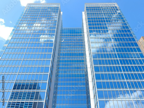 The two tall buildings are made of glass and are reflecting the blue sky