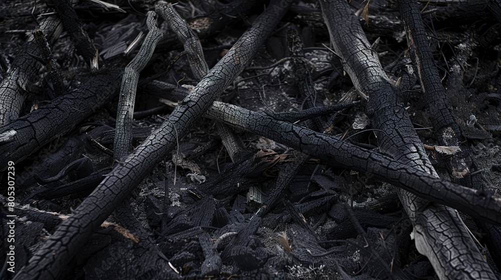 Burnt forest area, close-up on charred tree remains, detailed ash texture, somber lighting Burnt forest area, close-up on charred tree remains, detailed ash texture, somber lighting