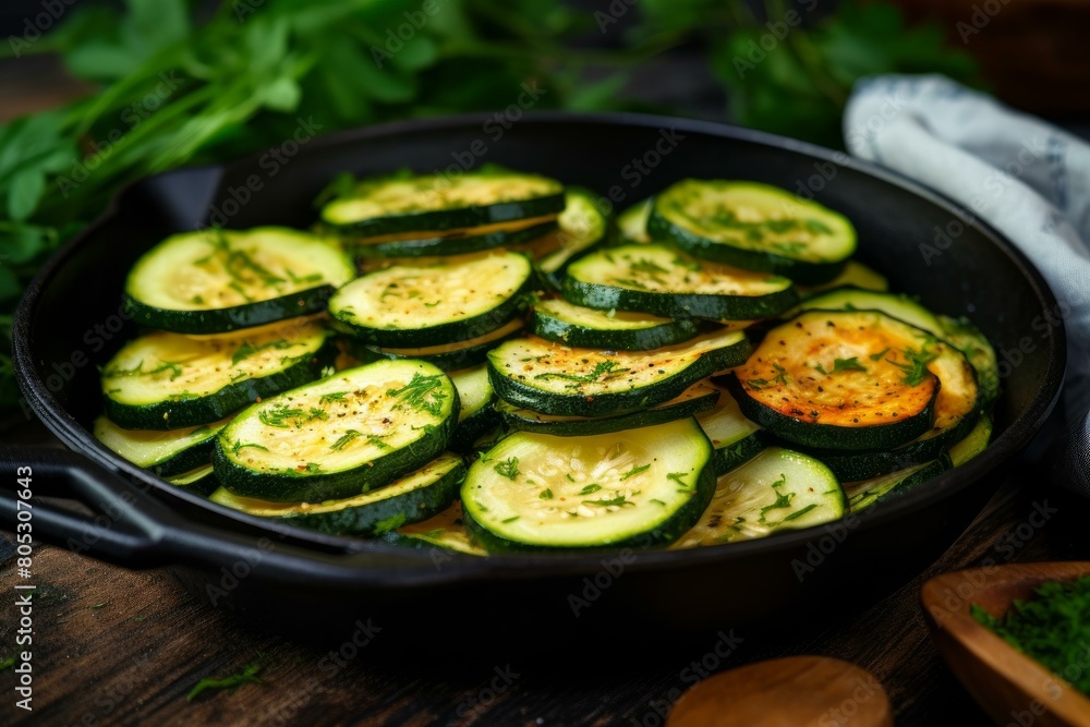 Aromatic Sliced zucchini in pan on table. Summer food cuisine dinner slice. Generate Ai Aromatic Sliced zucchini in pan on table. Summer food cuisine dinner slice. Generate Ai