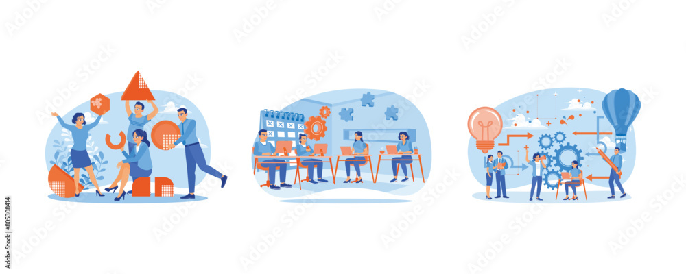 People working together. Manage work in office. Exchange ideas during meetings. Team Work concept. Set flat vector illustration.