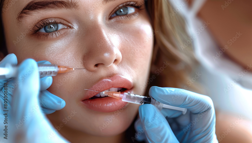 Beautiful woman that just head some Botox injections to her lips. Beautiful natural smile, focus her face . Pink lips and lovely face features. Generative AI. Beautiful woman that just head some Botox injections to her lips. Beautiful natural smile, focus her face . Pink lips and lovely face features. Generative AI.