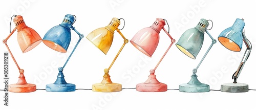 A whimsical illustration of a collection of minimalist desk lamps, each characteristically simple yet uniquely designed with a gentle curve or angle, painted against a white background to add a playfu photo