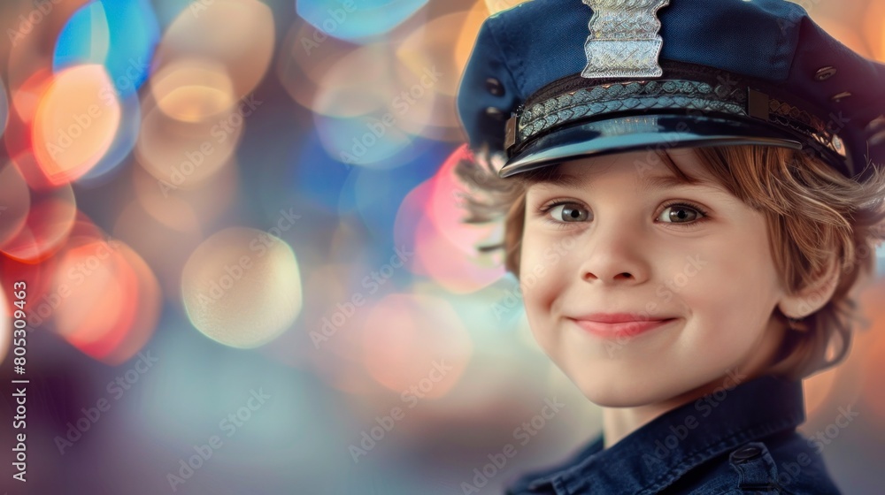 boy dressed as a police officer on the street with blurred background in high resolution and high quality. police concept, costume boy dressed as a police officer on the street with blurred background in high resolution and high quality. police concept, costume