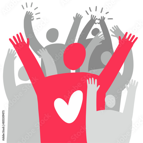 Vector illustration, a large crowd of volunteer people, hand-drawn in a doodle style
