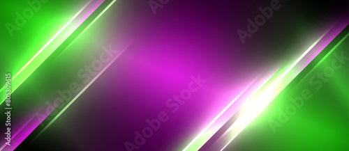 Vibrant neon lights in electric blue and magenta illuminate a purple and green background with glowing lines, creating a visually striking visual effect reminiscent of a neon art installation