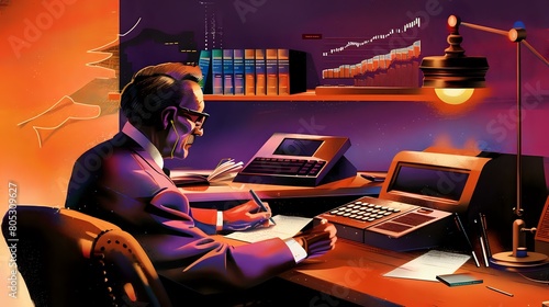 Financial Analyst's workspace with emphasis on research, analysis, and technology