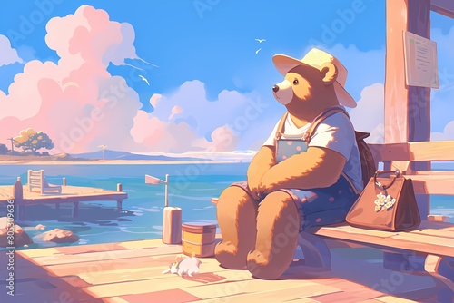 cartoon bear sitting on a beach pier