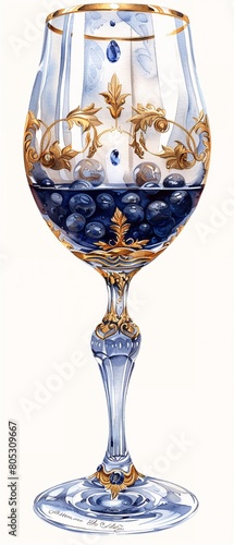 A detailed drawing capturing the intricate patterns engraved on the glassware, with the gold trim catching the light, creating a dance of reflections and elegance, set against a white background to hi photo