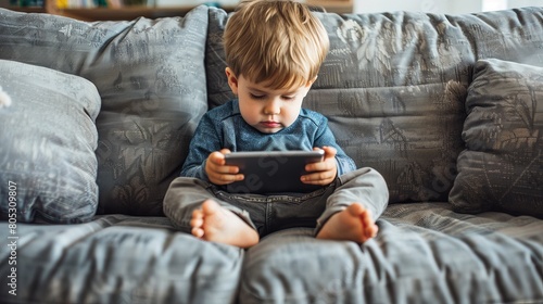 A toddler sits on a couch and watches a video on a tablet photo