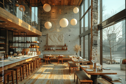 The hotel's restaurant boasting a modern dining setup, featuring a long communal table with minimalist dÃ©cor, illuminated by pendant lights suspended from the high ceiling. photo