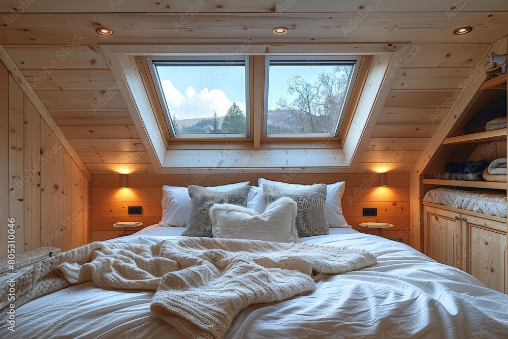 Serene attic bedroom featuring a comfortable bed and a skylight offering a view of the snow-capped mountains in the distance Serene attic bedroom featuring a comfortable bed and a skylight offering a view of the snow-capped mountains in the distance