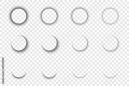 Realistic round shadow with soft edges. Gray round shadows isolated on transparent background.