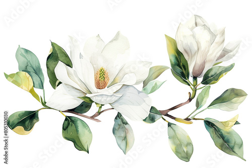 Watercolor magnolia clipart with large white petals and green leaves 