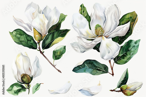 Watercolor magnolia clipart with large white petals and green leaves 