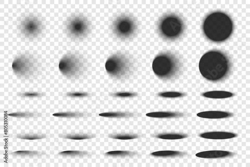 Round shadow with soft edges isolated on transparent background. Realistic oval or ellipse shadow effect with different light illumination angles for web design element. Template shadow soft