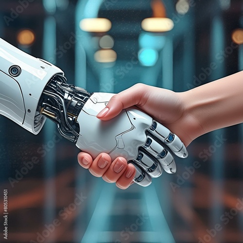 Robot shaking hands with a human businessman concept