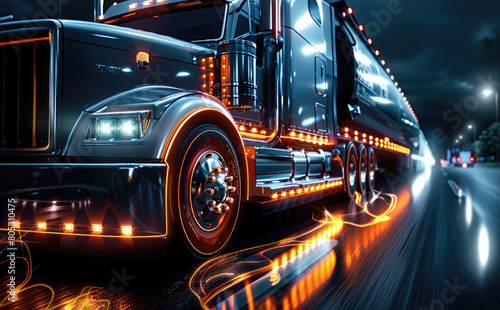 A silver truck with orange wheels in the background of an illuminated speedometer that shows high numbers and lights, on a pure black background. Generative AI. photo