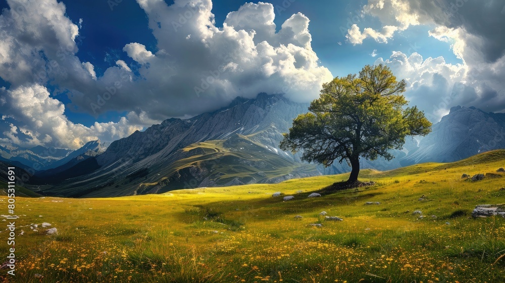 Beautiful mountain landscape tree dramatic sky