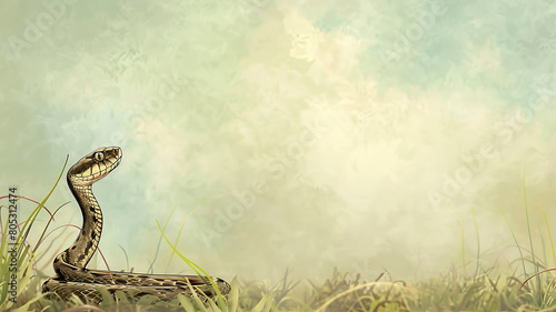 A delightful illustration of a snake meditating upright in a quiet meadow, surrounded by soft grass and a tranquil atmosphere photo