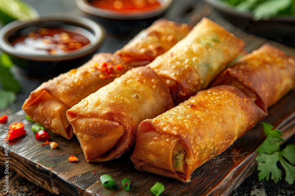 Close-up of golden fried spring rolls on wooden tray. Close-up of golden fried spring rolls on wooden tray.