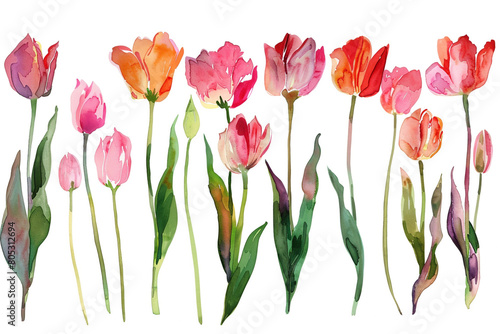 Watercolor tulip clipart in different shades of pink, red, and orange, isolated on white background 